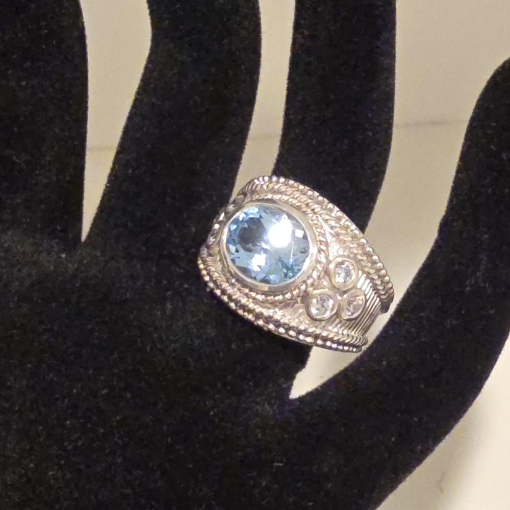 Judith Ripka Sterling Silver Blue Topaz CZ Ring Size 8